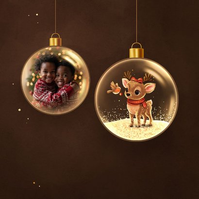 Sprankelende kerstkaart lief hertje en foto in kerstbal 2
