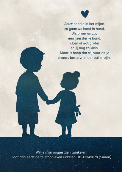 Staand geboortekaartje maan met silhouet van zusje en broer 2