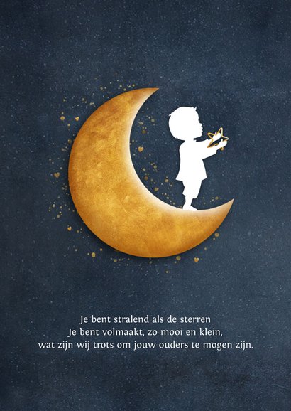 Staand geboortekaartje met een silhouet van jongen op maan 2