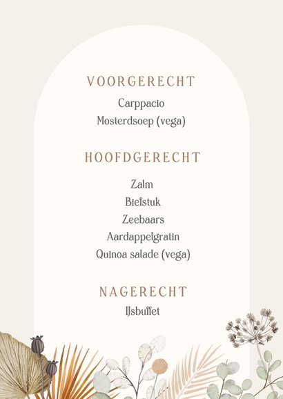 Staande menukaart in bohemian stijl met droogbloemen 3