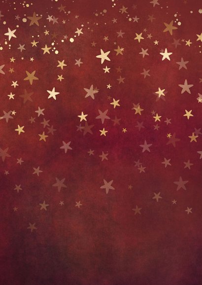 Staande rode foto kerstkaart met gouden sterren en 2 foto's Achterkant