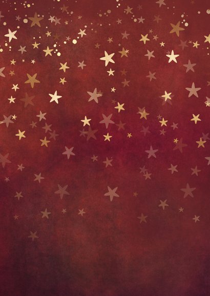 Staande rode foto kerstkaart met gouden sterren en 2 foto's Achterkant