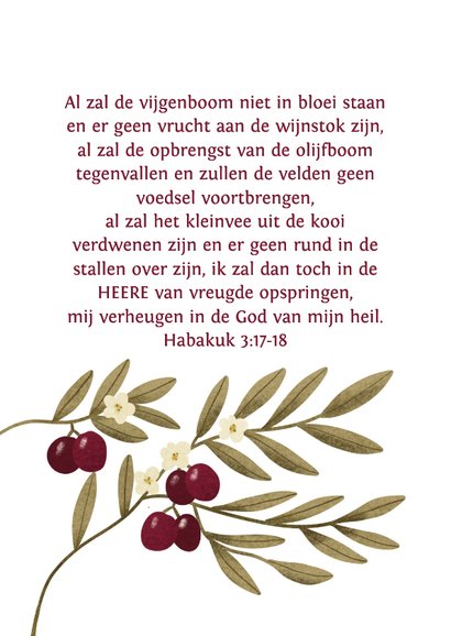 Sterkte kaart met olijven en bijbeltekst uit Habakuk 3 2