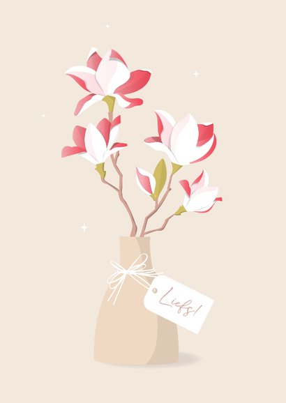 Sterktekaart illustratie wit-roze magnoliatak met label 2