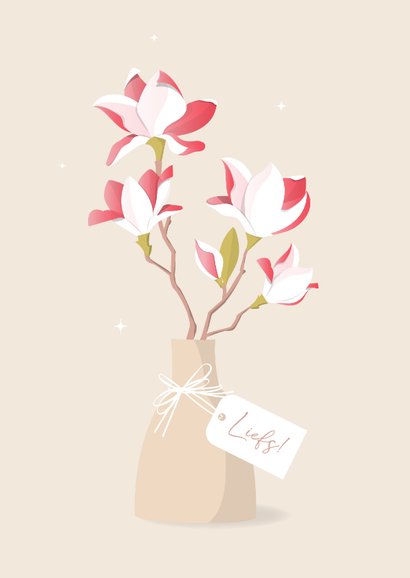 Sterktekaart illustratie wit-roze magnoliatak met label 2