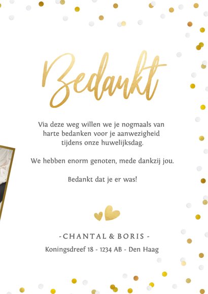 Stijlvol bedankkaartje huwelijk met eigen foto en confetti 3