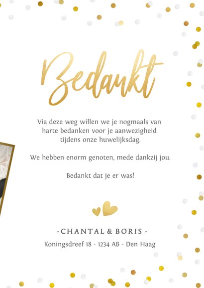 Stijlvol bedankkaartje huwelijk met eigen foto en confetti 3