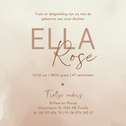 Stijlvol beige geboortekaartje met waterverf structuur 3