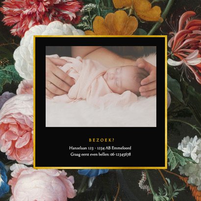 Stijlvol botanisch geboortekaartje met bloemen en goud 2