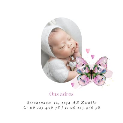 Stijlvol en lief geboortekaartje watercolor vlinder roze 2