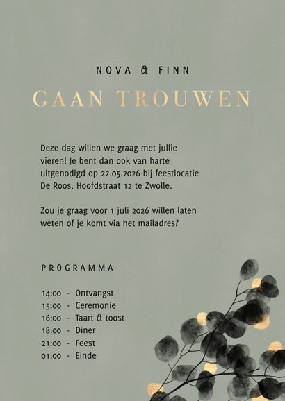 Stijlvol eucalyptus waterverf zwart en gouden trouwkaart 3