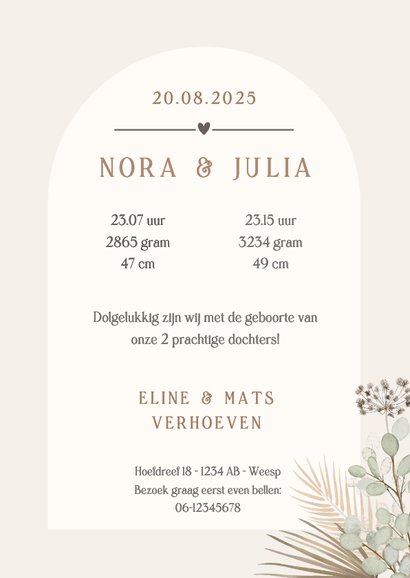 Stijlvol geboortekaartje droogbloemen voor een tweeling 3