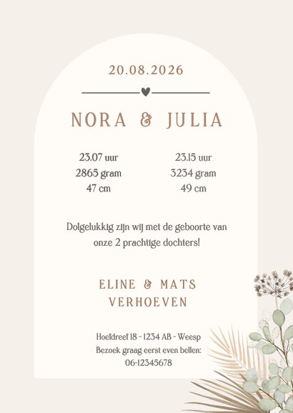 Stijlvol geboortekaartje droogbloemen voor een tweeling  3