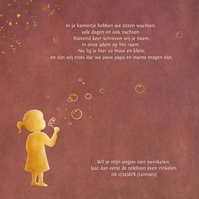 Stijlvol geboortekaartje meisje met bellenblaas silhouet 2