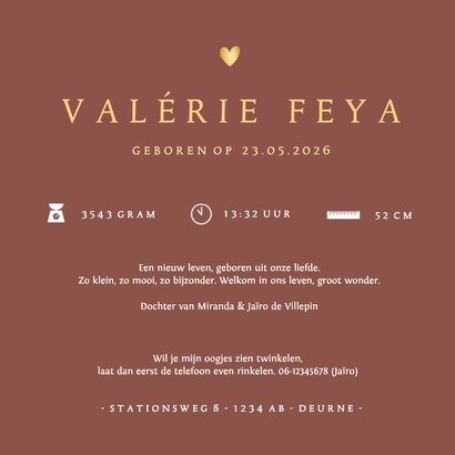 Stijlvol geboortekaartje meisje met hart uit vingerafdrukken Achterkant