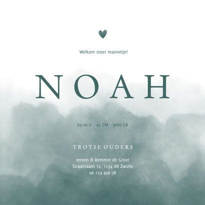 Stijlvol geboortekaartje petrol blauwe waterverf met hartje 3