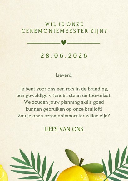 Stijlvol kaartje met citroenen ceremoniemeester vragen 3