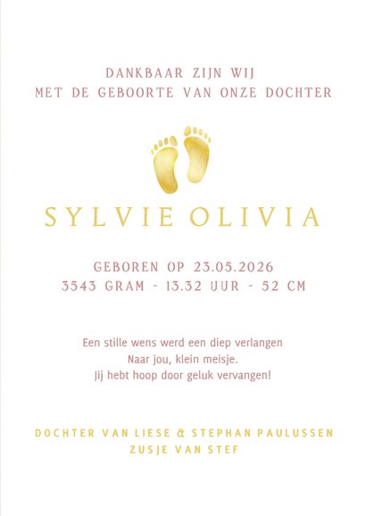 Stijlvol klassiek geboortekaartje met goudlook voetjes 3