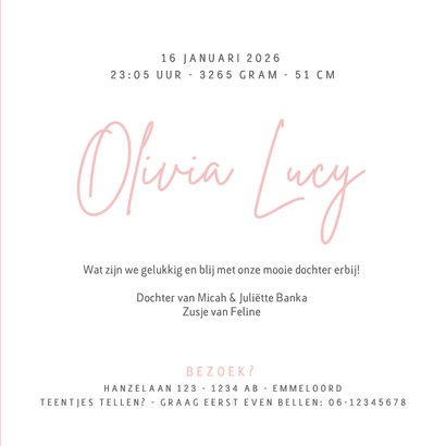 Stijlvol minimalistisch geboortekaartje meisje handlettering Achterkant