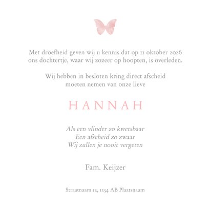 Stijlvol rouwkaartje met waterverf vlinder  3