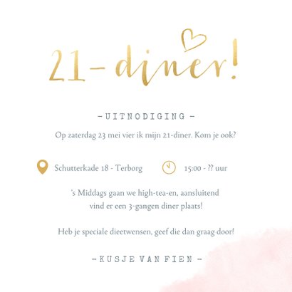 Stijlvolle 21-diner uitnodiging kaart met roze waterverf 3