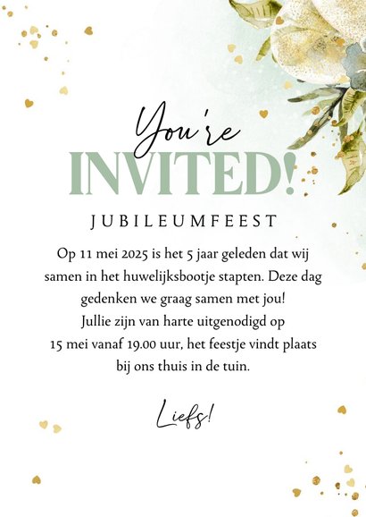 Stijlvolle 5 jaar getrouwd jubileumkaart botanisch goud 3