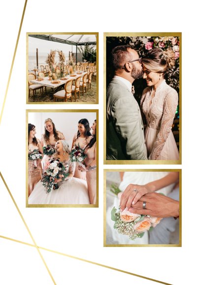 Stijlvolle bedankkaart trouwen met gouden geo lijnen en foto 2