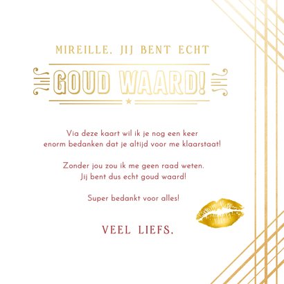 Stijlvolle bedankt kaart goud waard met gouden foliedruk 3