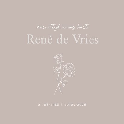 Stijlvolle beige rouwkaart met illustratie van roosje  2