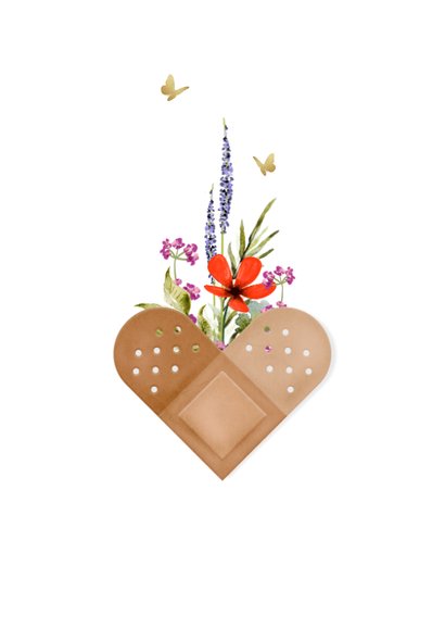 Stijlvolle beterschapskaart hart pleister bloemen vlinder 2