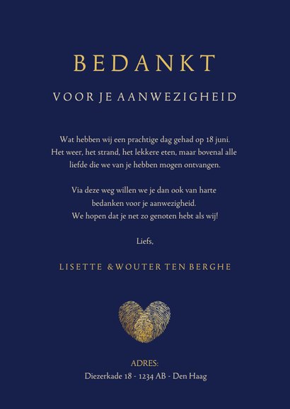 Stijlvolle blauwe bedankkaart trouwen met eigen foto en goud 3