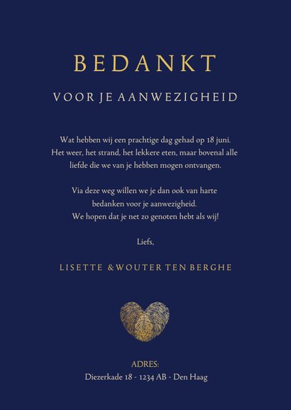 Stijlvolle blauwe bedankkaart trouwen met eigen foto en goud 3