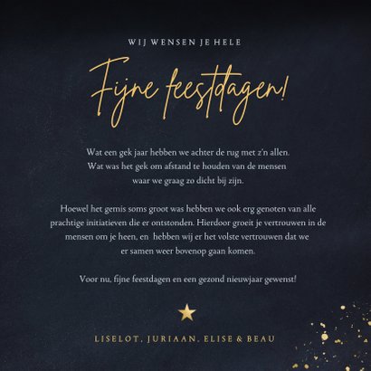 Stijlvolle blauwe kerstkaart met kerstboom & gouden spetters 3