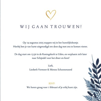 Stijlvolle botanisch trouwkaart met gouden hart en namen. 3