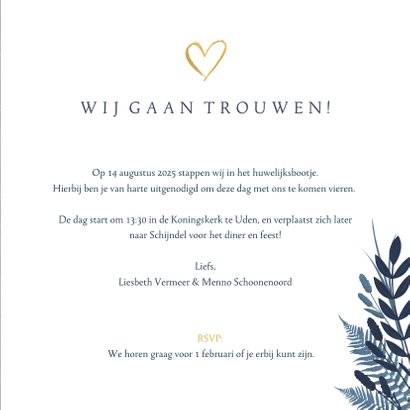 Stijlvolle botanisch trouwkaart met gouden hart en namen. 3