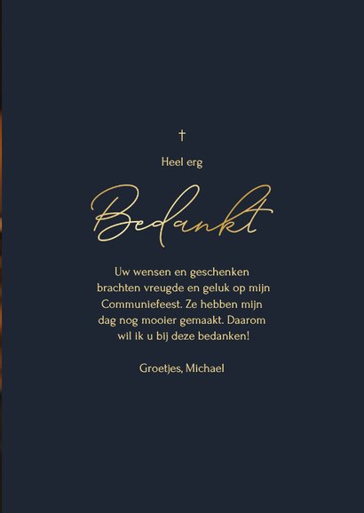 Stijlvolle communie bedankkaart met grote foto en foliedruk 3