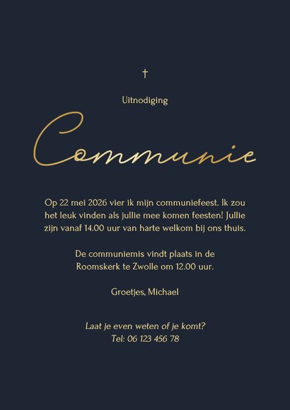 Stijlvolle communie uitnodiging met grote foto en foliedruk 3