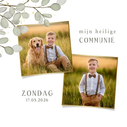 Stijlvolle communie uitnodiging wit met Eucalyptus takjes 2