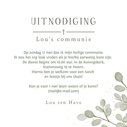 Stijlvolle communie uitnodiging wit met Eucalyptus takjes 3