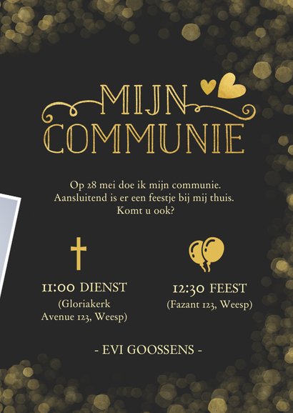 Stijlvolle communie uitnodigingskaart met gouden accenten 3