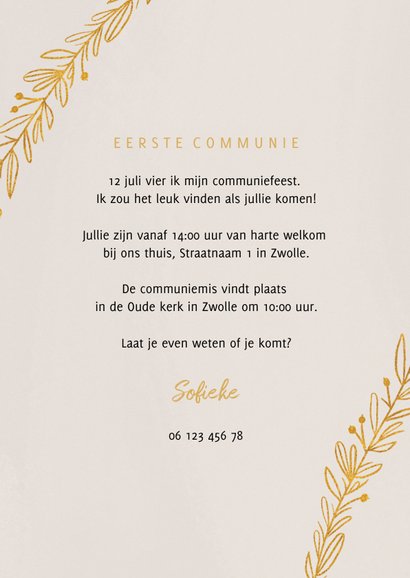 Stijlvolle communiekaart met gouden takjes en foto 3