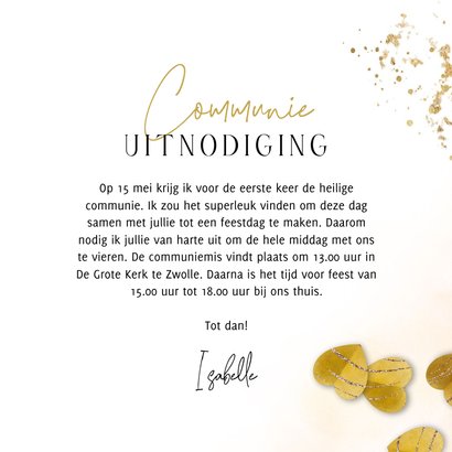 Stijlvolle communiekaart waterverf confetti goud foto 3