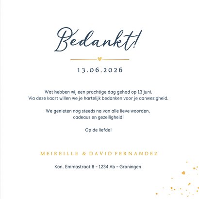 Stijlvolle donkerblauwe bedankkaart trouwdag met 2 foto's 3