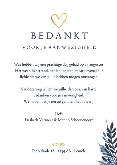 Stijlvolle donkerblauwe botanische bedankkaart huwelijk 3