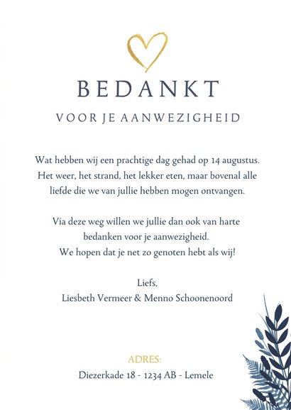 Stijlvolle donkerblauwe botanische bedankkaart huwelijk 3