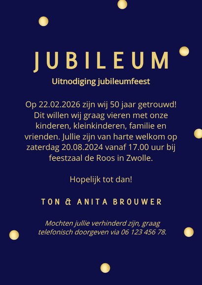 Stijlvolle donkerblauwe jubileumkaart 50 confetti foto 3