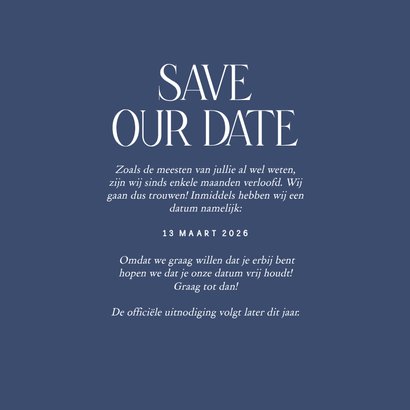 Stijlvolle donkerblauwe save the date kaart met lijntjes 3