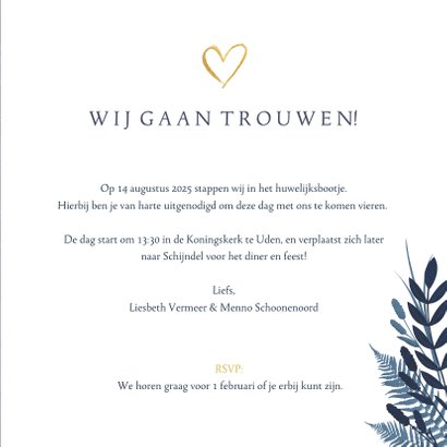 Stijlvolle donkerblauwe trouwkaart met gouden ja en bloemen 3