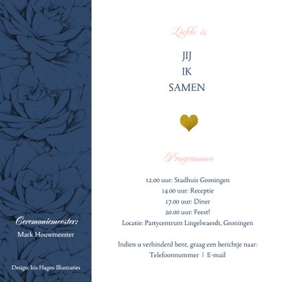 Stijlvolle en originele trouwkaart in navyblue en rozen 2
