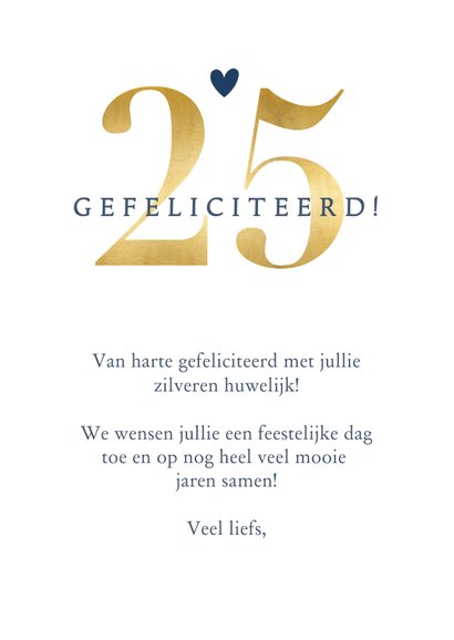 Stijlvolle felicitatiekaart 25-jarig huwelijk met goud 3